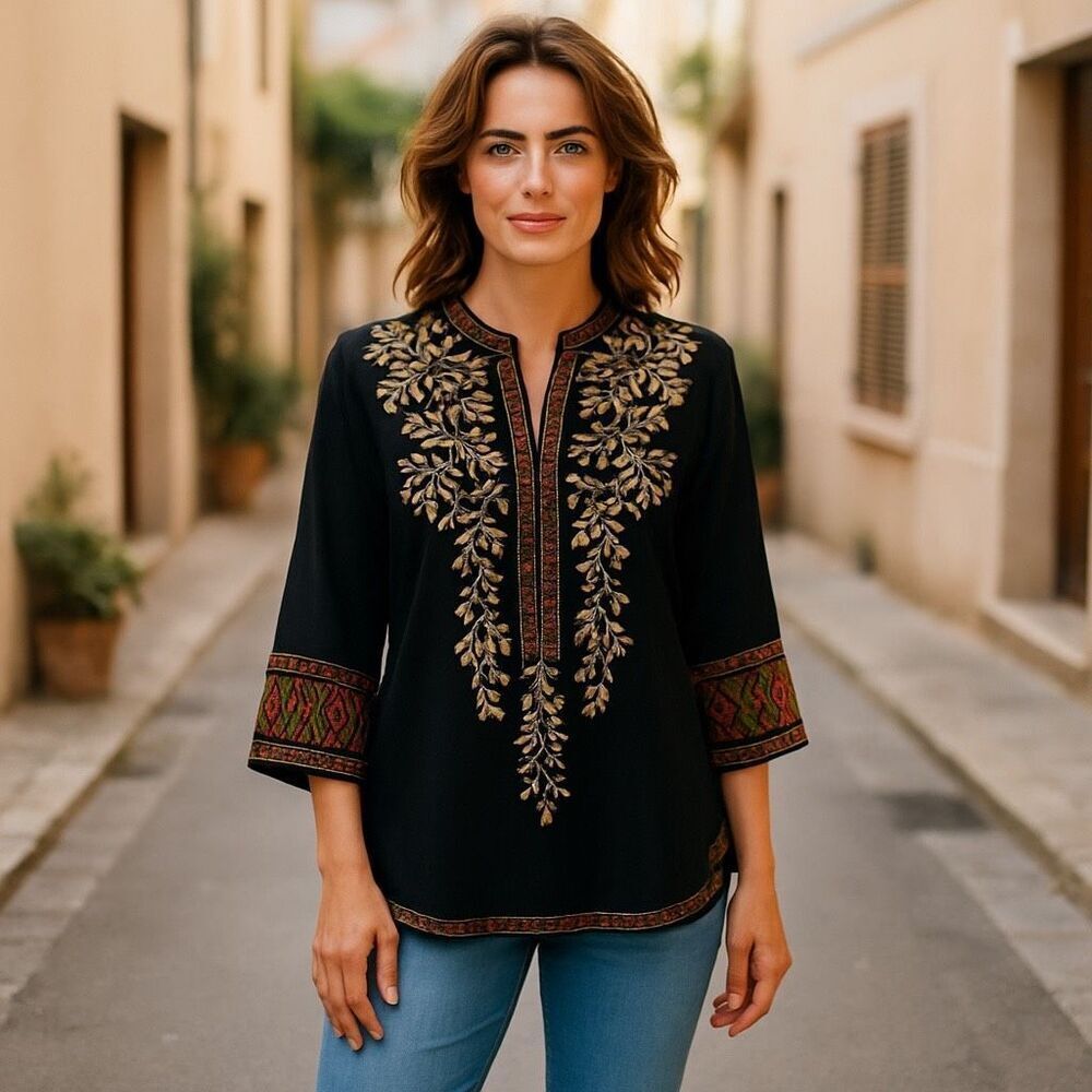 Love Kyla Embroidered Black Boho Tunic Blouse Sz  M India Folk Floral Ethnic NWT